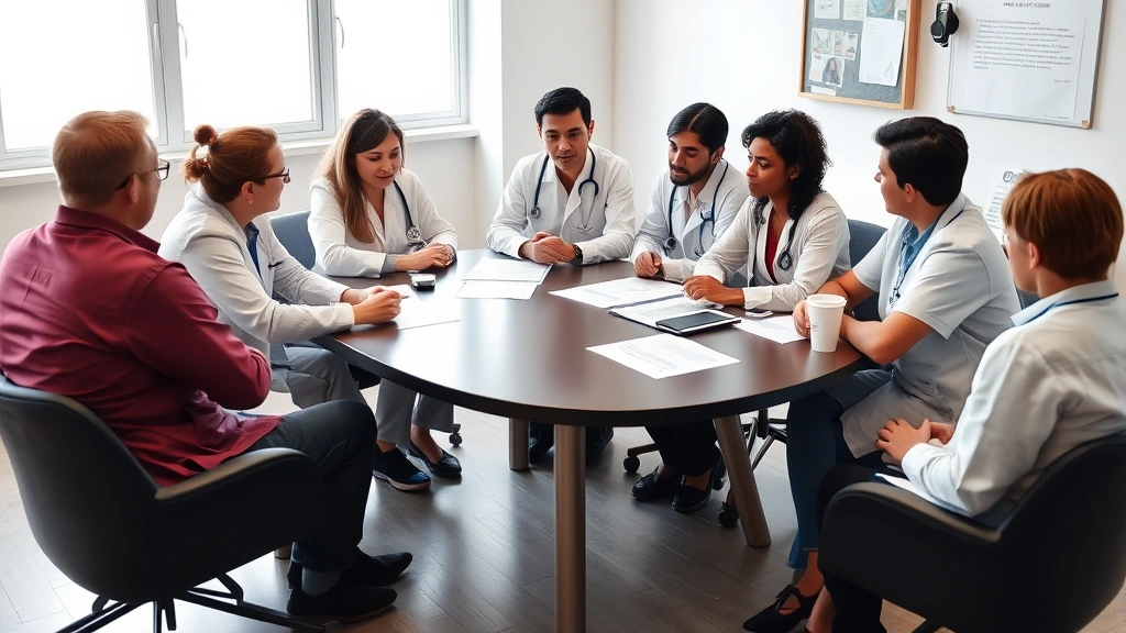 A diverse group of healthcare professionals in a mental health team meeting, discussing treatment plans around a table with charts and assessments visible
