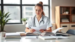 Peaceful healthcare professional studying psychiatric nursing materials at a modern desk with natural lighting, focused expression, surrounded by open textbooks and organized notes, professional clinical setting