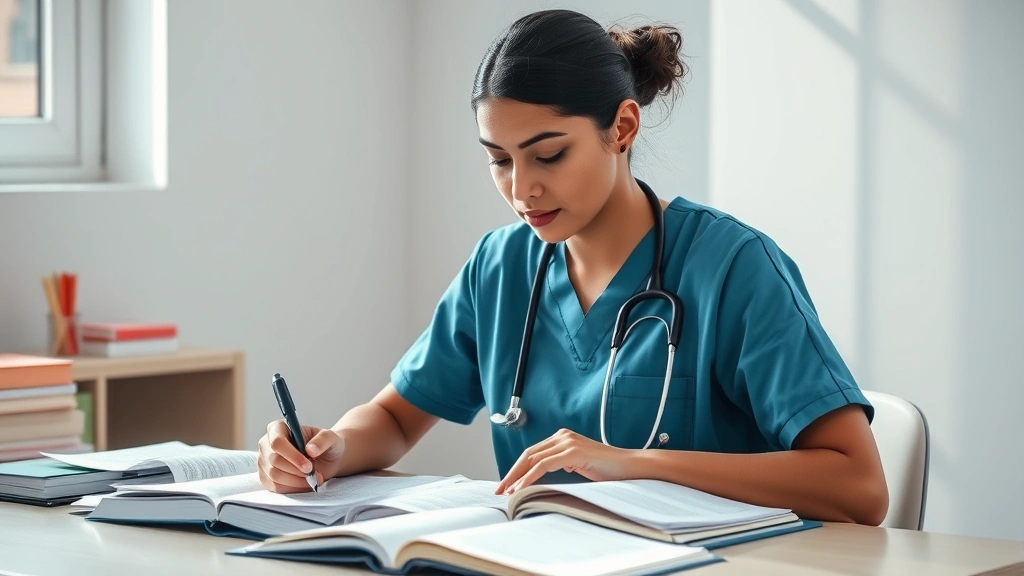 Nursing student at desk studying psychiatric textbooks and notes with organized materials, focused expression, natural lighting from window