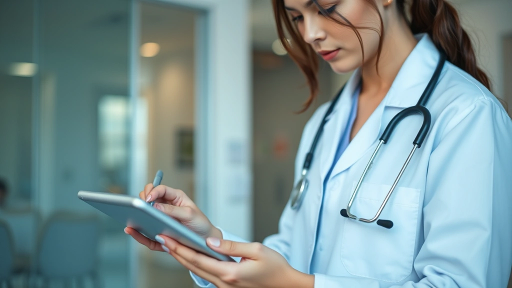 Healthcare professional reviewing patient information on tablet while taking handwritten notes, calm professional environment with soft lighting