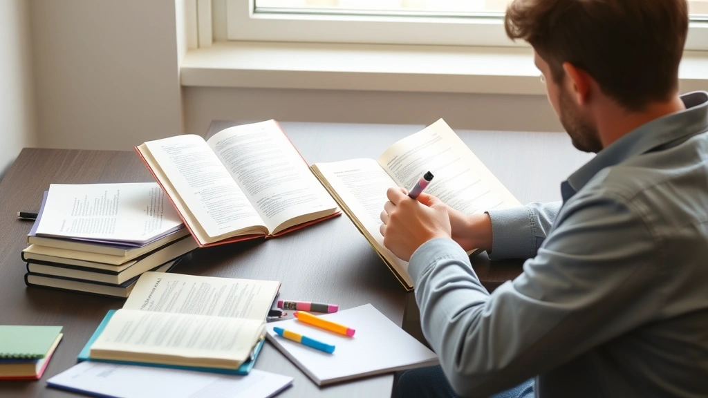 Person in quiet study space with open textbooks, highlighters, and organized notes spread on desk, concentrated studying posture