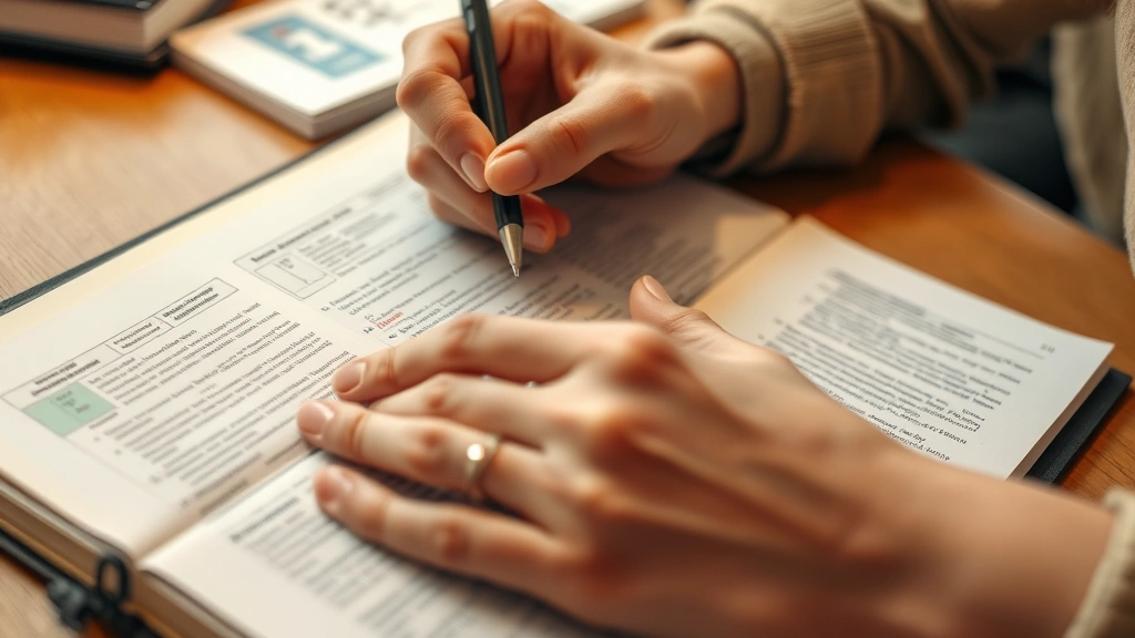 Close-up of hands writing detailed notes in a study journal, organized notes visible with color-coded sections, warm desk lighting