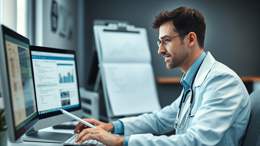 A calm healthcare professional reviewing clinical materials at a computer workstation, professional environment, thoughtful expression, organized workspace