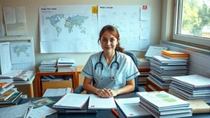 Nurse sitting at desk surrounded by organized study materials, concept maps, and medical textbooks, focused expression, natural lighting from window, warm professional environment