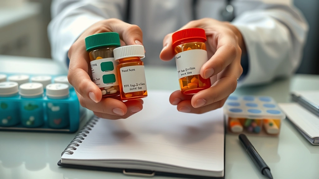 Close-up of hands holding medication bottles and pill organizers with color-coded labels, organized on a desk with notebook, clinical setting, soft focus background