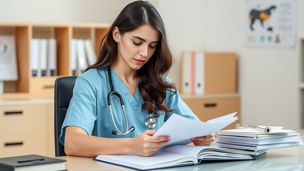 Peaceful nurse sitting at desk reviewing clinical notes with organized study materials, stethoscope visible, calm focused expression, professional healthcare environment