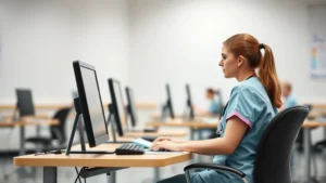 A focused nursing student sitting at a desk with a computer, taking an exam in a quiet testing center environment, professional and calm atmosphere