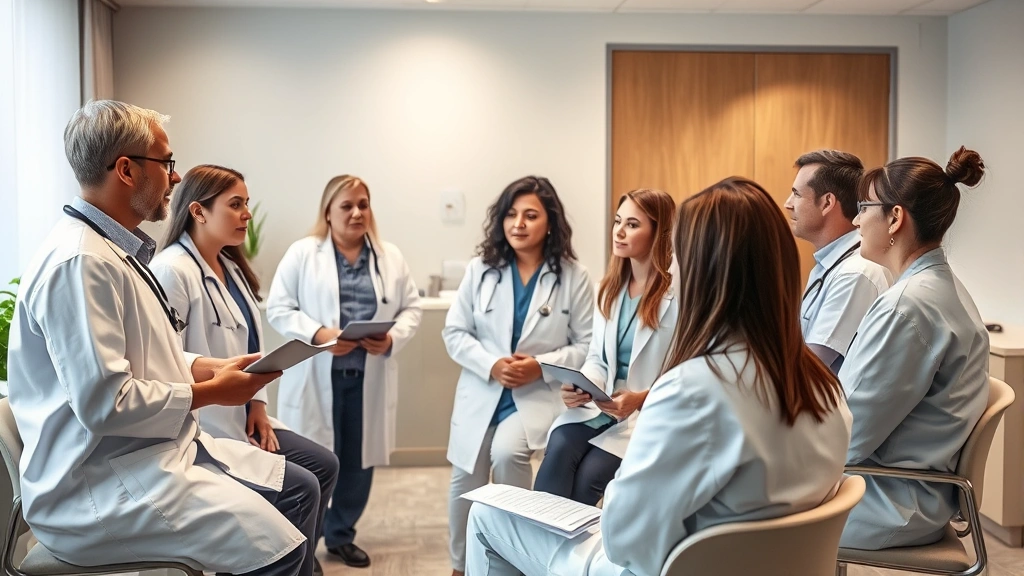 Diverse group of healthcare professionals in a mental health clinic discussing patient cases, collaborative atmosphere, modern medical setting with soft lighting