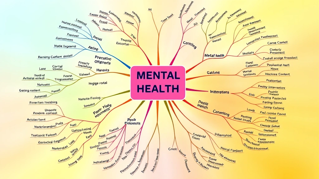 Colorful mind map or diagram showing mental health nursing concepts, therapeutic interventions, and psychiatric disorders interconnected on a bright background