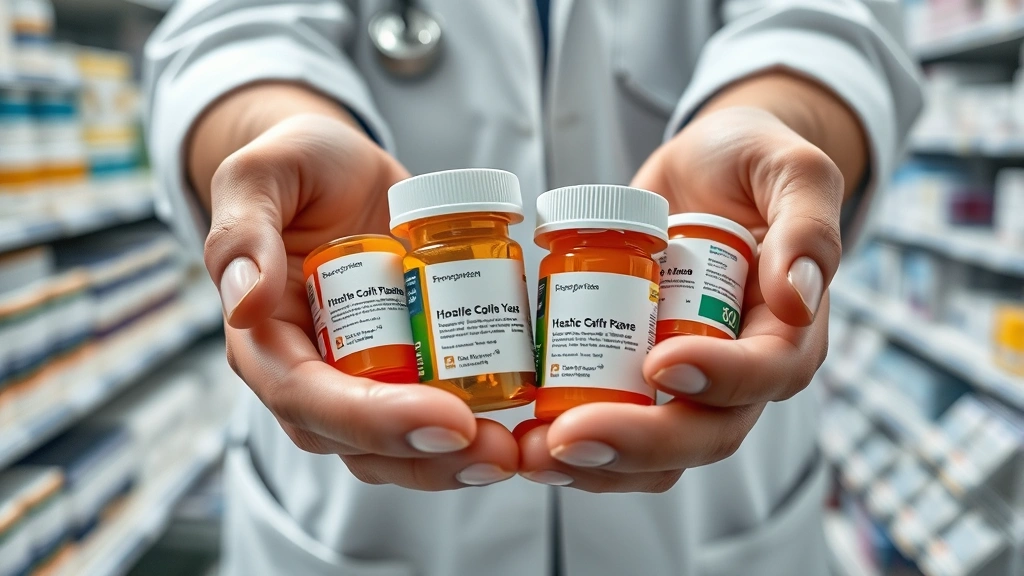 Close-up of hands holding prescription medication bottles with clinical documentation, organized pharmacy environment, professional healthcare context
