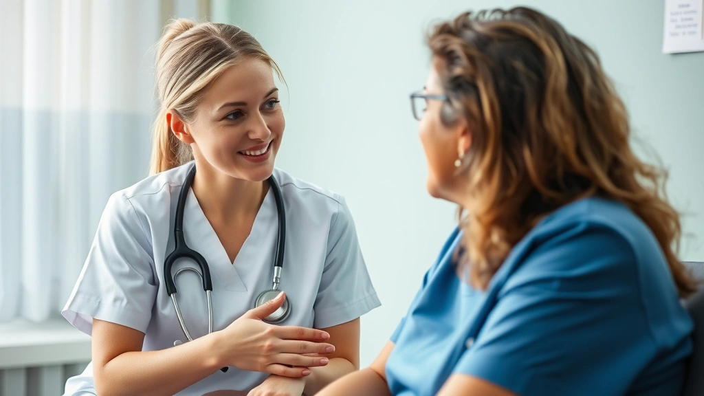 A nurse in clinical setting providing compassionate care to a patient in a mental health setting, demonstrating therapeutic communication and empathy
