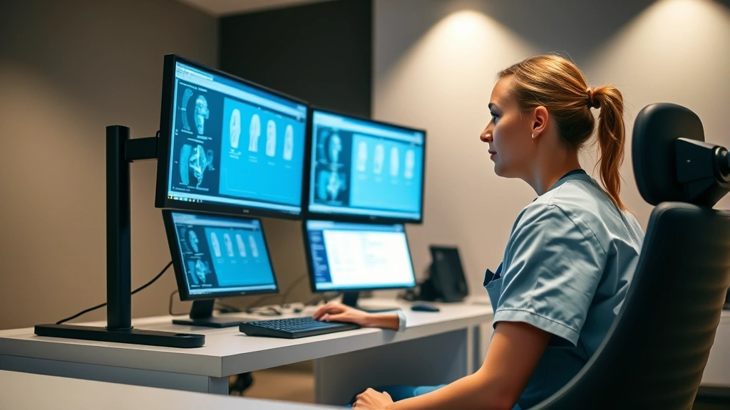 A focused nurse sitting at a modern computer workstation with multiple monitors displaying clinical data, taking an online assessment in a quiet, professional testing environment with neutral background lighting