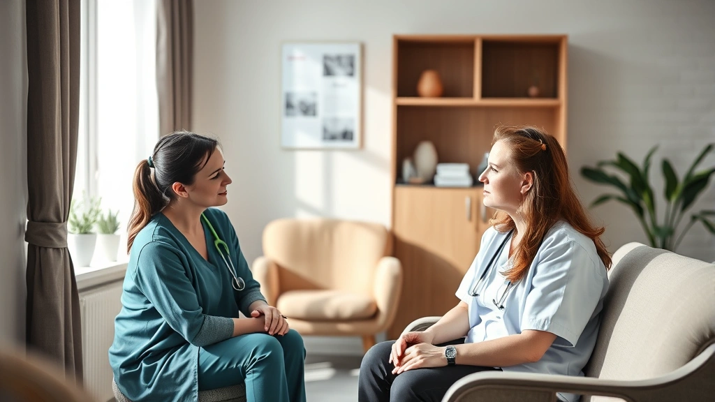 A calm, professional healthcare setting showing a nurse conducting a thoughtful one-on-one patient conversation in a mental health clinic with comfortable seating and soft natural lighting