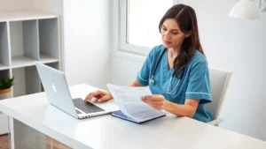 Nurse seated at modern desk with laptop open, reviewing mental health assessment documents, natural lighting through window, focused expression, professional healthcare setting