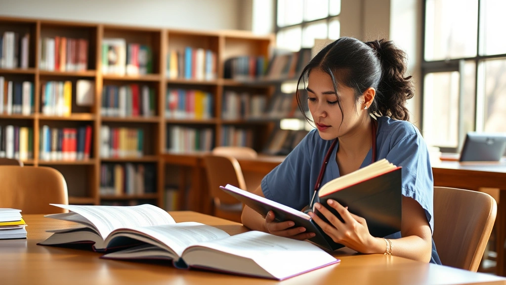 Diverse nursing student studying at library table with open textbooks about psychology and pharmacology, thoughtful concentration, natural afternoon light, peaceful academic environment