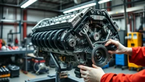 Professional engine assembly workshop with precision tools, detailed mechanical work on a powerful V8 engine block, clean industrial setting with bright lighting and skilled technician hands