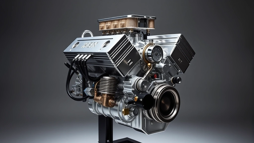 High-performance engine mounted on engine stand showcasing polished aluminum and chrome components, dramatic studio lighting highlighting mechanical details and engineering craftsmanship