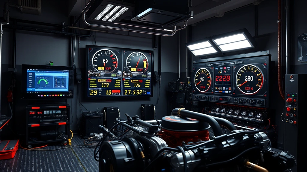 Dyno testing facility with glowing digital displays showing performance metrics, engine bay with visible performance modifications and custom tuning equipment, technical precision environment