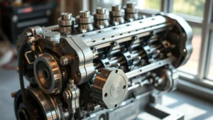 High-performance V8 engine block with precision-machined components, showcasing intricate internal engineering details and polished surfaces in natural studio lighting