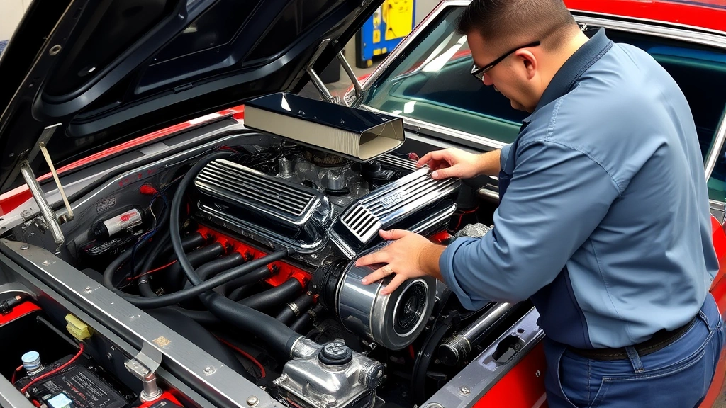 Mechanic installing a performance engine into a classic muscle car engine bay, demonstrating professional precision work with specialized tools and equipment