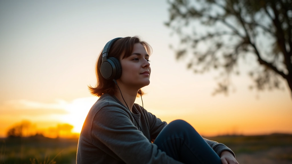 Person sitting outdoors at sunrise with headphones on, listening intently with peaceful expression, natural lighting emphasizing calm focus and morning routine