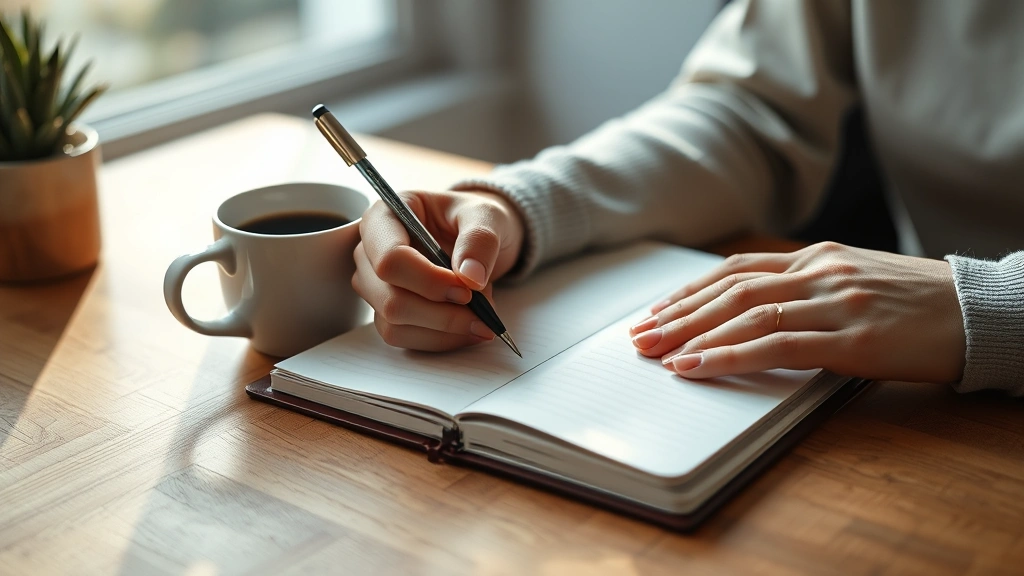 Close-up of hands writing in a journal next to a coffee cup on a wooden desk, soft morning light streaming through window, minimalist workspace aesthetic