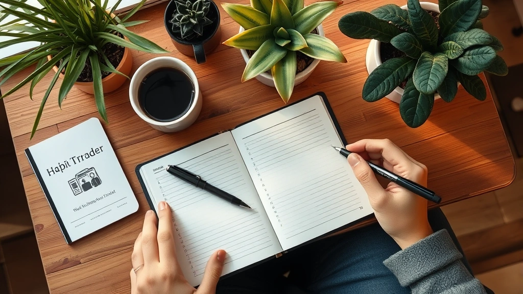 Overhead view of someone writing in a habit tracker journal with pen, coffee cup nearby, plants in background, warm afternoon lighting, productivity aesthetic