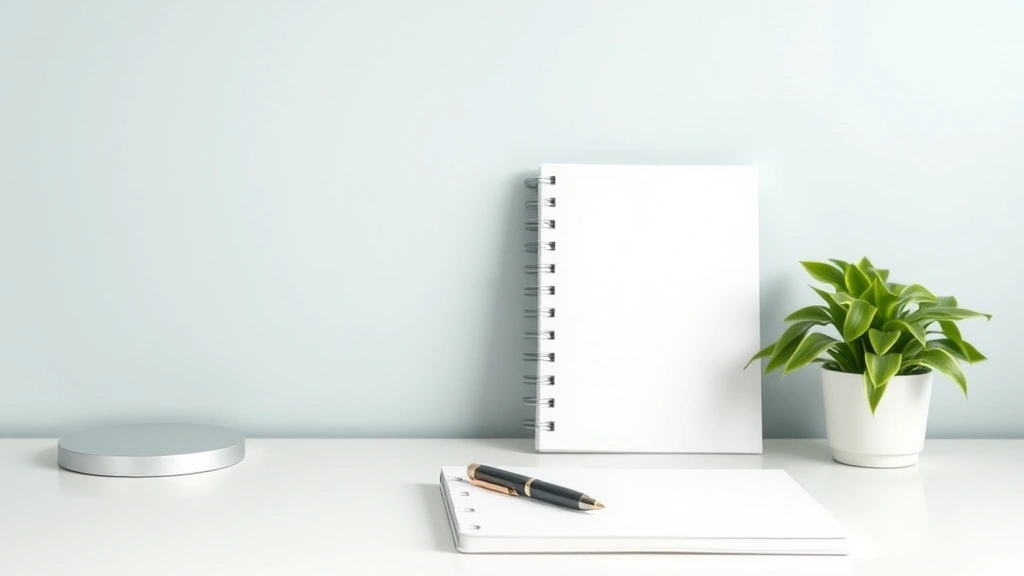 A minimalist desk workspace with a clean notebook, pen, and a small plant, showing organization and focus without distractions