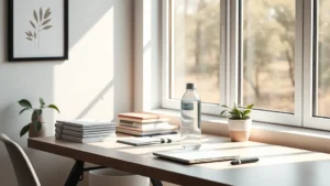 Minimalist workspace with a single water bottle on desk, morning sunlight streaming through window, peaceful and intentional environment, photorealistic