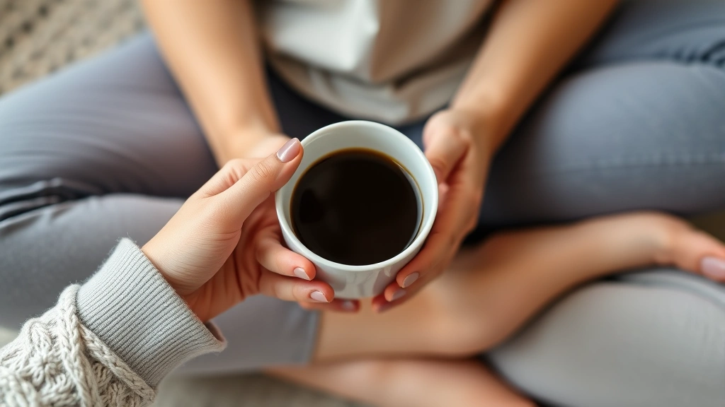 Close-up of hands holding a coffee cup next to a meditation cushion, representing habit stacking and morning routines
