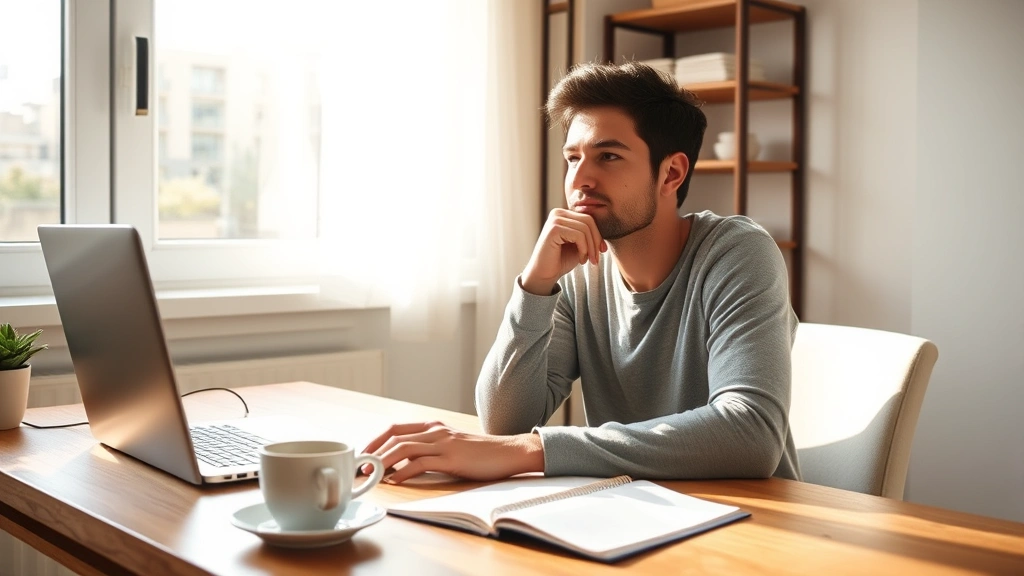 Person sitting at wooden desk with laptop and notebook, morning sunlight streaming through window, thoughtful expression, minimalist workspace with coffee cup