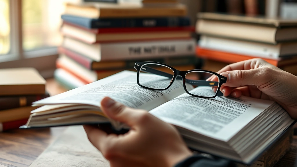 Close-up of hands holding an open book with reading glasses nearby, warm natural lighting, stack of books blurred in background, focused studying moment