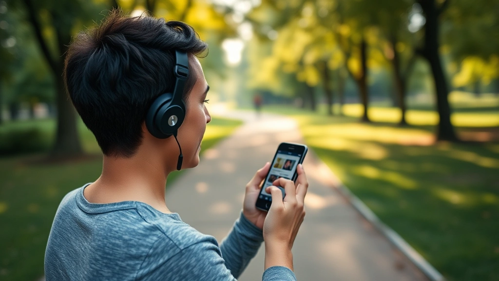 Someone listening to audiobook on smartphone during morning jog in park, earbuds in, peaceful outdoor setting with trees and path, motion implied but calm
