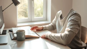 Person sitting at desk with open book and notebook, morning sunlight streaming through window, focused and engaged, minimalist workspace with coffee cup