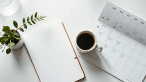 A serene workspace with a journal, coffee cup, and calendar showing daily checkmarks, representing consistent habit tracking and progress visualization