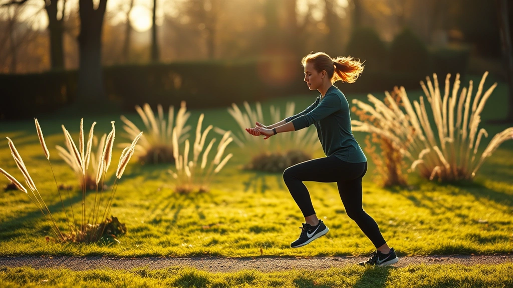 A person performing a small exercise routine in morning sunlight, demonstrating the power of tiny, repeatable actions and environmental design