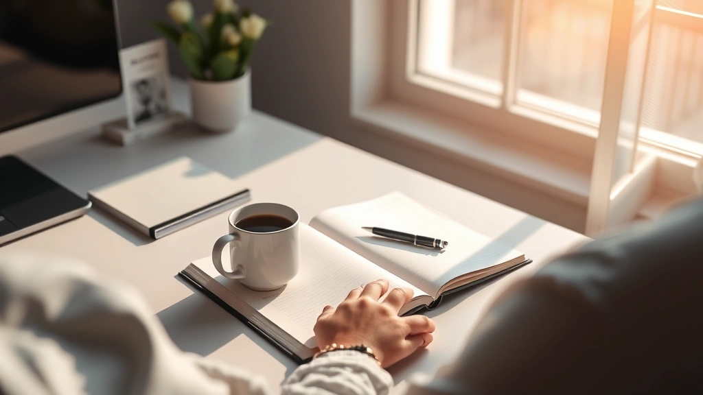 Photorealistic image of a person at a desk with a morning routine setup: coffee cup, open notebook, pen, morning light streaming through window, minimalist workspace, focused and calm atmosphere
