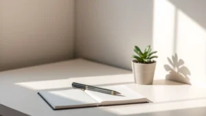 A minimalist desk workspace with a notebook, pen, and a single plant in soft morning light, representing focused preparation and intentional habit building
