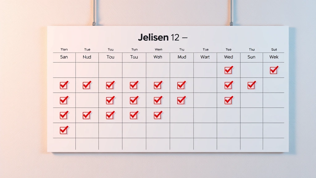 Photorealistic image of a habit tracking calendar on a wall with checkmarks and visual progress markers, clean modern aesthetic, showing consistency and momentum building over weeks