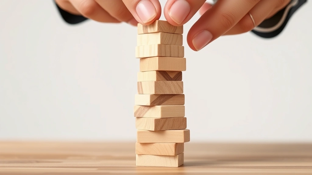 Close-up of hands stacking small wooden blocks in a tower against a neutral background, symbolizing incremental progress and compound growth