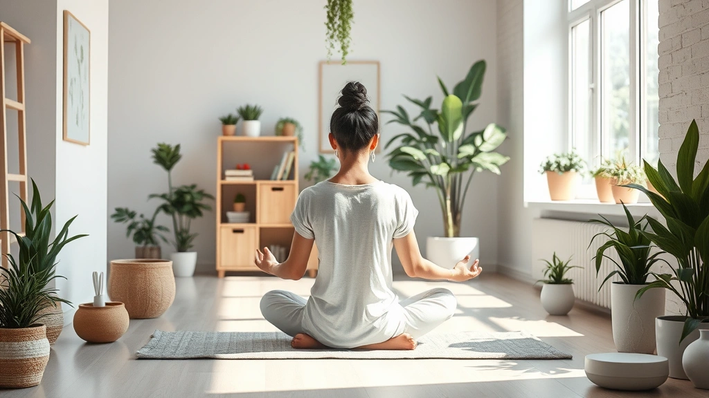 Photorealistic image of a person meditating in a peaceful, organized space with plants, natural light, and minimal distractions, embodying calm focus and environmental design for wellness