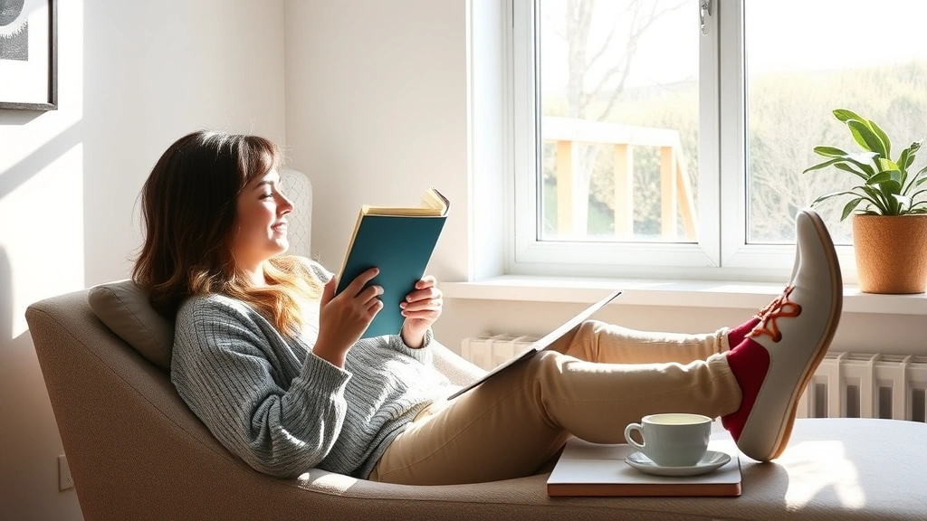A serene person in a comfortable reading position with natural light streaming through a window, surrounded by subtle productivity elements like a journal and tea cup