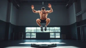 Professional athlete performing explosive plyometric jump in modern athletic facility with force plate technology, bright natural lighting, focused intensity