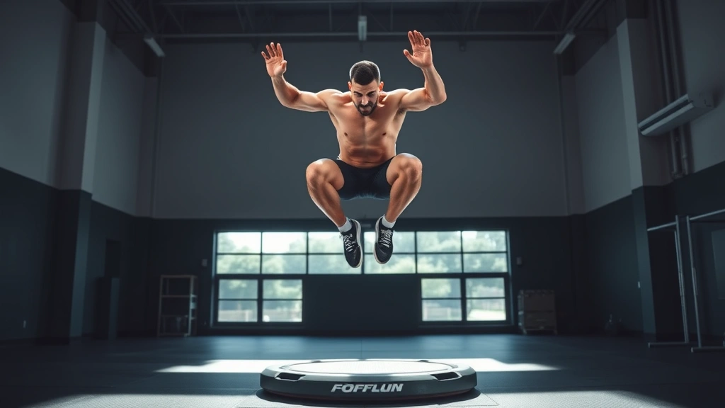 Professional athlete performing explosive plyometric jump in modern athletic facility with force plate technology, bright natural lighting, focused intensity