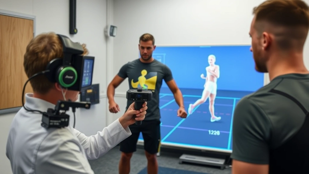 Sports medicine professional conducting movement assessment on athlete using motion capture technology, clinical yet high-performance setting, precise biomechanical analysis