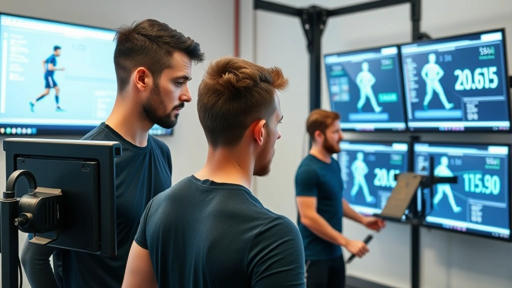 Athletes using advanced biomechanical analysis equipment with motion capture technology, displaying real-time performance metrics on screens, focused concentration during movement assessment
