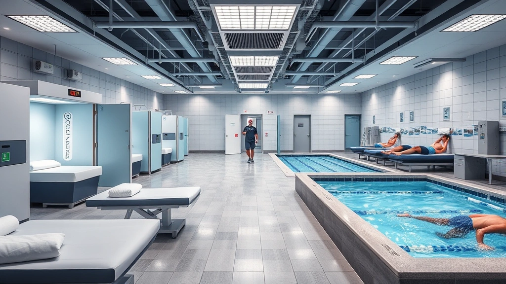A comprehensive recovery center featuring cryotherapy chambers, compression therapy beds, and hydrotherapy pools with athletes in various stages of recovery and rehabilitation, serene clinical environment
