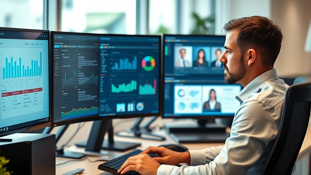 A professional recruiter focused intently at a modern computer workstation with multiple monitors displaying recruitment dashboards and candidate profiles, office environment, natural lighting, serious concentration