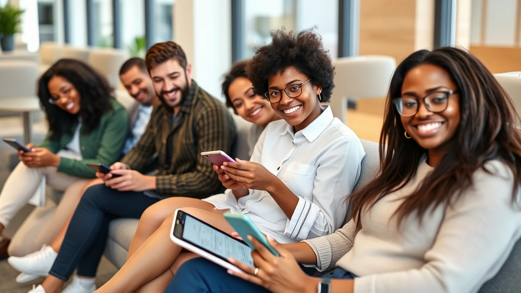 A diverse group of candidates smiling while using tablets and smartphones to complete job applications, sitting in a bright, welcoming waiting area with modern furniture, relaxed confident expressions