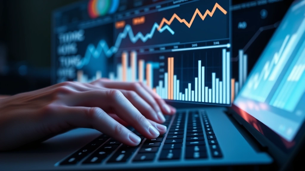 Close-up of hands typing on a keyboard with glowing data visualizations and performance metrics floating above, representing efficient workflow and streamlined processes, minimalist tech aesthetic